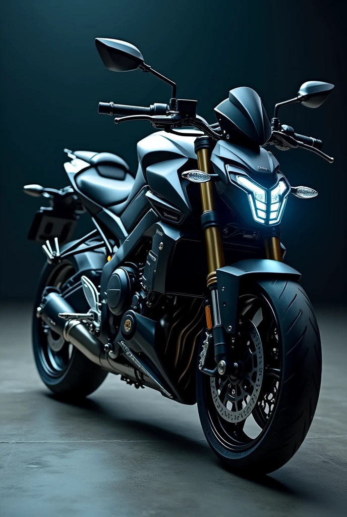 Create a stunning 4K cinematic render of a Yamaha MT-15 motorcycle wrapped in a custom design. The main color should be a sleek, matte black, complemented by simple yet striking cyan accents. The cyan elements should convey an aggressive and elegant vibe, ensuring the overall look is both fierce and refined. The final design should capture the essence of power and sophistication, with a dark, moody atmosphere that highlights the motorcycle's bold aesthetics