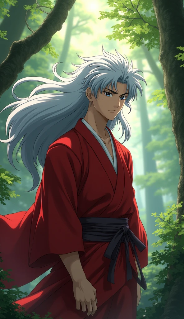 Inuyasha stands amidst a serene forest, his red haori fluttering softly in the breeze. His silver hair, wild and untamed, frames a face marked by both determination and a quiet sadness. The soft, dappled sunlight filters through the trees, casting a gentle glow on his features. His expression, a mix of resolve and vulnerability, captures the weight of his past and the unspoken longing for peace.