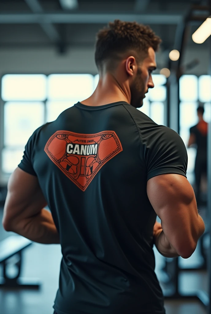 A man in a gym
He do a exercise
Make a beauty full boy
Her body is so cool
The man is very stronger
The t-shirt print her name is
The man face back side