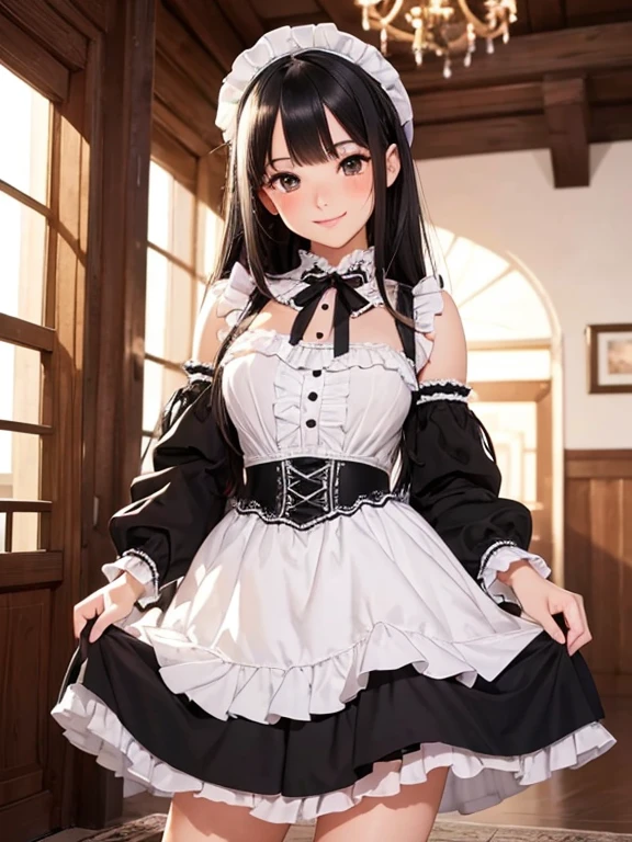 very cute and beautiful girl,(highly detailed beautiful face), (smile),blush, black hair, cowboy shot, looking at viewer, kneeling, Lolita dress with detailed frills),detailed lace, skirt lift, white panties, indoors, (best quality,masterpiece:1.0)ultra-detailed, extremely detailed,32k,8k resolution, intricate details,