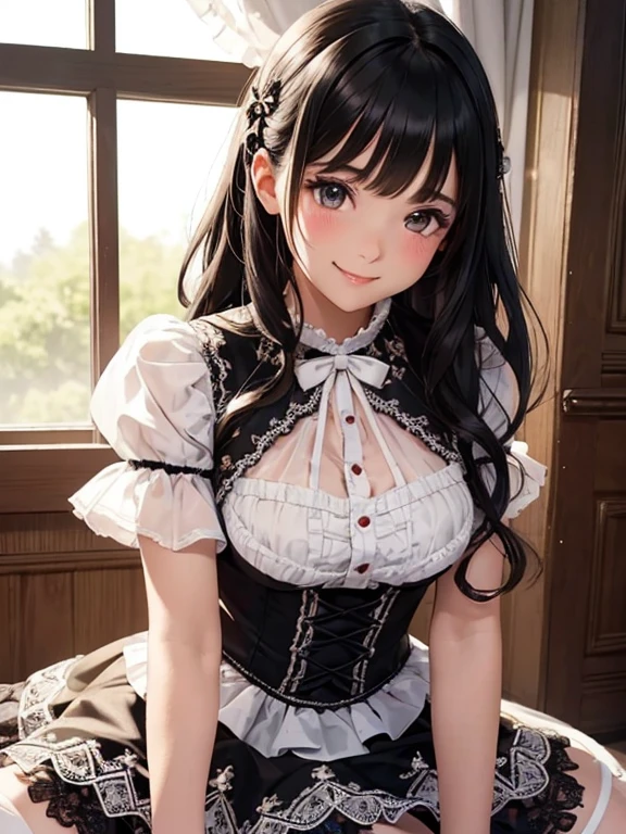 very cute and beautiful girl,(highly detailed beautiful face), (smile),blush, black hair, cowboy shot, looking at viewer, kneeling, ta dress with detailed frills),detailed lace, skirt lift, white panties, indoors, (best quality,masterpiece:1.0)ultra-detailed, extremely detailed,32k,8k resolution, intricate details,