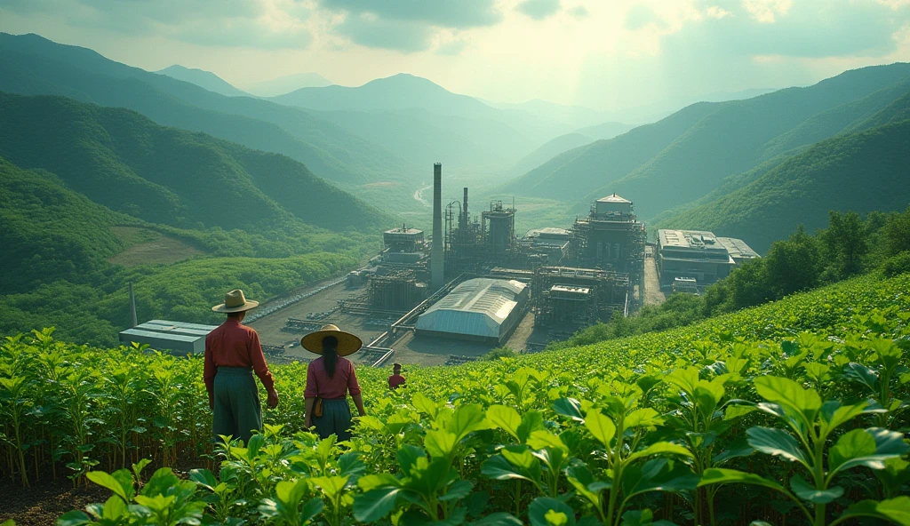 a high-quality photograph of a ginseng farm, ginseng harvesting, and ginseng processing factory, highly detailed, intricate details, cinematic lighting, natural colors, pristine environment, hard working people, impressive industrial machinery, seamless integration of nature and industry, epic scale, sense of awe and wonder, 8k, photorealistic, cinematic composition, dramatic lighting, vivid colors, ultra-detailed, masterpiece