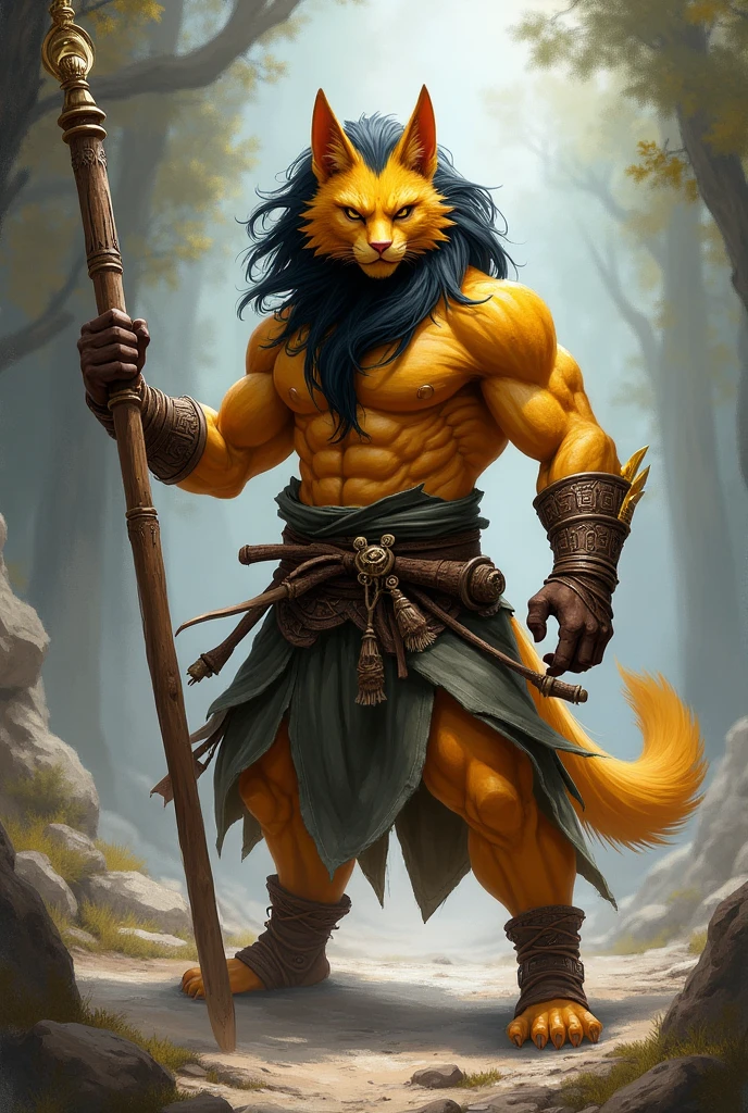 DnD Character, Khajiit, 180cm, 80kg, athletic body, blackquality hair, golden fur, monge, similar to wukong, fight with a stick
