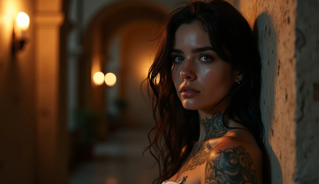 tatuados,Very beautiful big breasts、Leaning against a wall、sit(T-Shirts、Distressed denim)(H-Cup Bust),(Back tattoo、Many tattoos on both arms and neck)、 (Cesky Krumlov（Czech Republic） - Monaco - A luxurious city and casino on the Mediterranean coast),Candlelight only,Very detailed, 21 years old, A beautiful woman,Depressed face, Black Hair,Medium Wavy Hair, blue eyes, High resolution, masterpiece, Highest quality, Intricate details, Very detailed, Clear focus, Delicate skin, practical skin texture, texture, Delicate eyes, Professional, 8k, Sad face,despair、 Shot with Canon, 85mm, Shallow and deep, Kodak Vision Color, Exactly, Very detailed, photograph_\(Extremist\), photographpractical, practical, Post-processing, Maximum details, Roughness, Real Life, Extremist practical, Photorealism, photographgraphy, 8k ウルトラ HD, photographgraphy