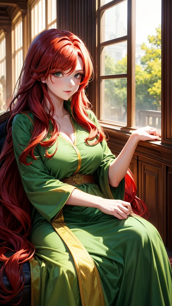 HD, (Best Detail) (Best Quality), redhead woman posing for photo with long red hair and green dress, mature and gorgeous, natural light and shadow