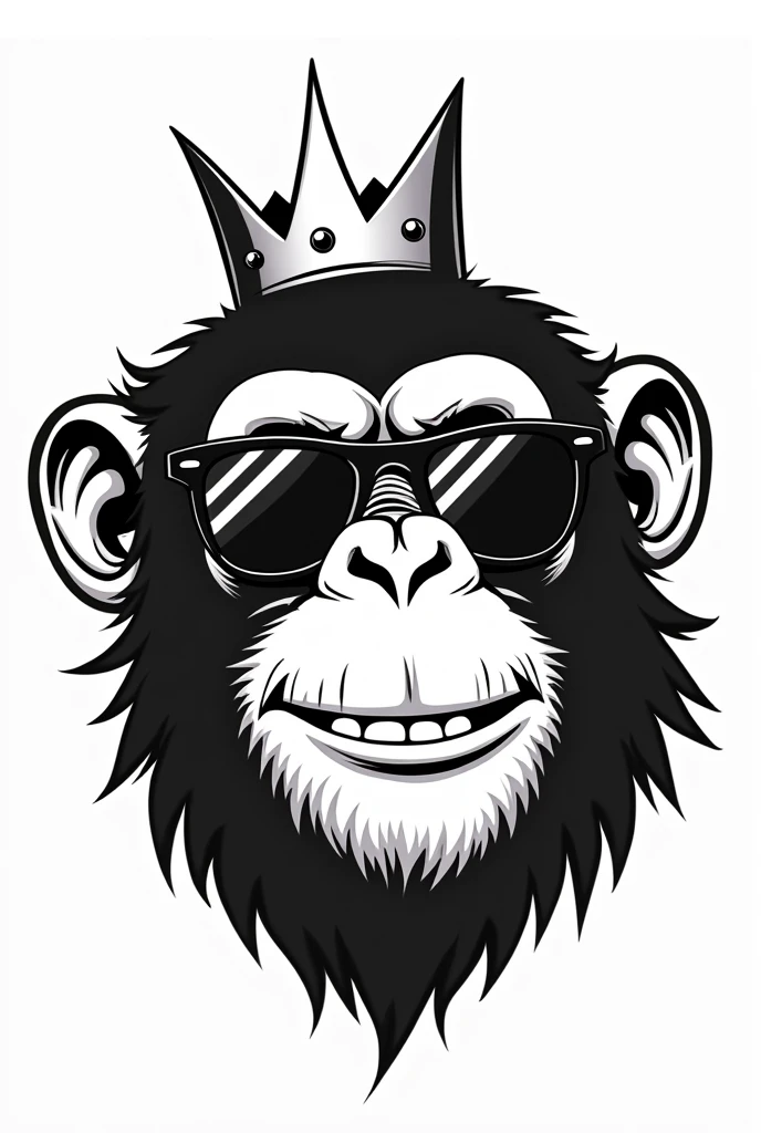 Affenkopf im comic style, ray ben sunglasses, crown, cheeky and light grin, black-and-white, leicht schräge grosse flache crown, cool