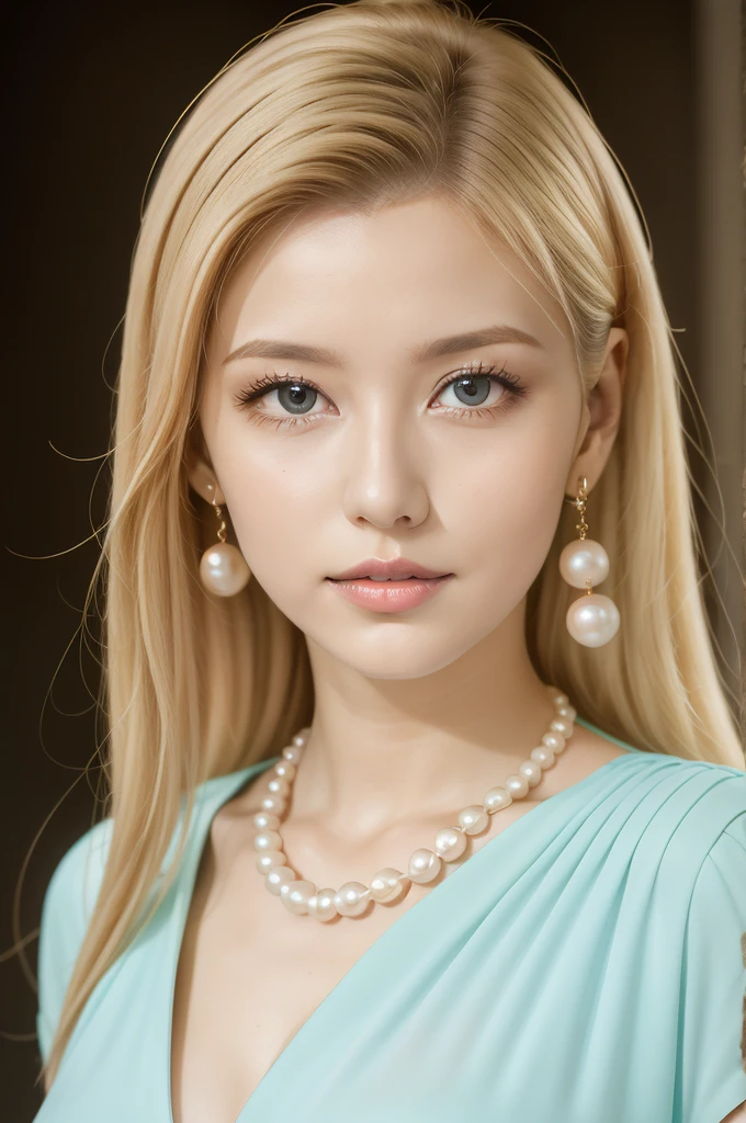 A woman of beauty in a fantastic space, Full length,  Tight low cut transparent micro dress white and teal color, 98k, {{Masterpiece}}, Best Quality, High Quality:1.4), {{[[FRONT LOOK}}, eye_contact, Various poses)]], very pretty look face, and very pretty eyes, cute images, lovely images, {{whole full body}}, {{{{{{{{Long legs}}}}}}}}, {{{{slim sexy body}}}}, {{{{{{Tall woman}}}}}}, {{177 cm tall}}, solo, beautiful, lovely, adorable, pale skin, {{35to 40 years old German girl}}, look beautiful German girl and blue eyes or green eyes with platinum blonde hair color), Nordic German woman, {{{{{{{{{{full body}}}}}}}}}}, {{{{{{{{{{high_heels}}}}}}}}}}, big tits, very short skirt, Captivating, Professional Studio Lighting, Expertly lit, The scene is filled with a sense of tranquility, magic, and natural beauty, transporting the viewer to a world of fantasy and wonder (best quality, high resolution), (golden earrings and a large pearl necklace), (Big Boobs)