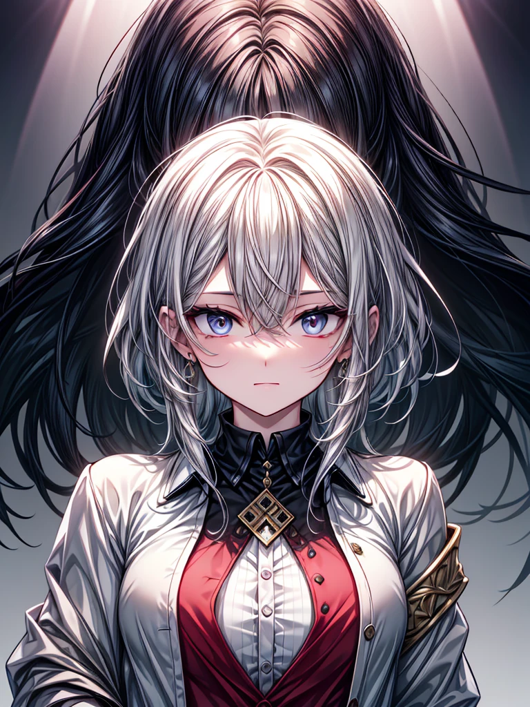 masterpiece, High resolution, screenshot, Highest quality, One person, (Scar on left eye), White cropped jacket, Very detailed, Three-part method, jewelry, Long Hair, bangs, Hair between the eyes