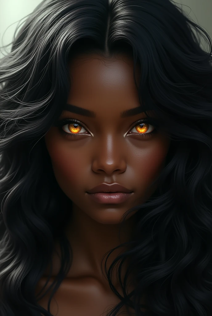 Urithiel is a 19-year-old woman. Her hair is black and voluminous, flowing in wide, thick waves like shadow. Her eyes are an intense gold, shining with an inner light that highlights her uniqueness. Her skin has a deep bronze tone, contrasting beautifully with her dark hair and golden eyes. Her face is striking, with features that convey a mix of ethereal beauty and inner strength. She has a presence that is both imposing and enigmatic, reflecting her supernatural heritage.