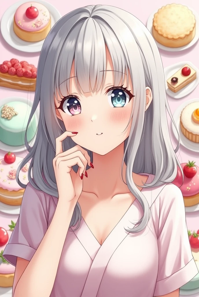 Anime Adult woman 38 years old, Shoulder-length hair with long bangs covering her nose, silver color with pink highlights, two-tone eyes, right light blue and left pink, friendly smile, housewife clothes, pastry and jewelry background.