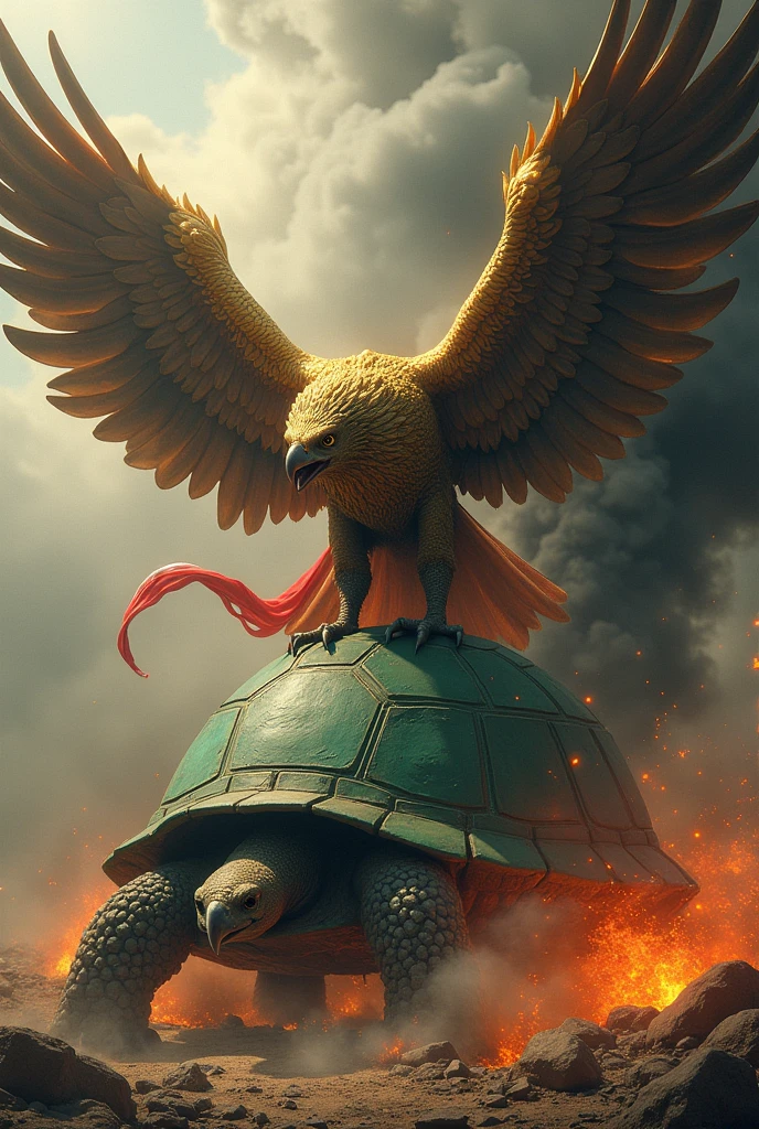 A dark gold colored Garuda bird carrying a red and white cloth is destroying a large green dome-shaped building which is often considered to resemble a turtle shell and is surrounded by black smoke and fire.