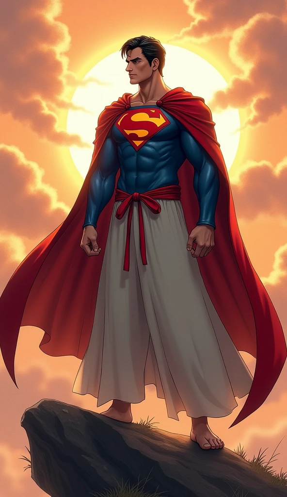 Superman, clad in Inuyasha's iconic red haori and white kimono, stands on a windswept cliff, his cape billowing dramatically. His usual blue and red suit is replaced by Inuyasha's traditional attire, blending the mystic with the heroic. His gaze is fierce yet contemplative, a rare glimpse of vulnerability beneath his powerful exterior. The setting sun casts a warm glow, highlighting the poignant juxtaposition of his strength and the quiet, introspective moment.