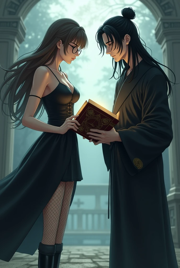 Caucasian female, older, アニメ, long hair with bangs and brown, eyes black, round eyeglasses, espartilho preto, black skirt and black coat, wearing black boots and fishnet stockings, holding magic book with a tall man, Older, white oriental long black hair, with bun hairstyle, eyes black orientais, wearing a Japanese kimono and sandals with socks, アニメ, 4K