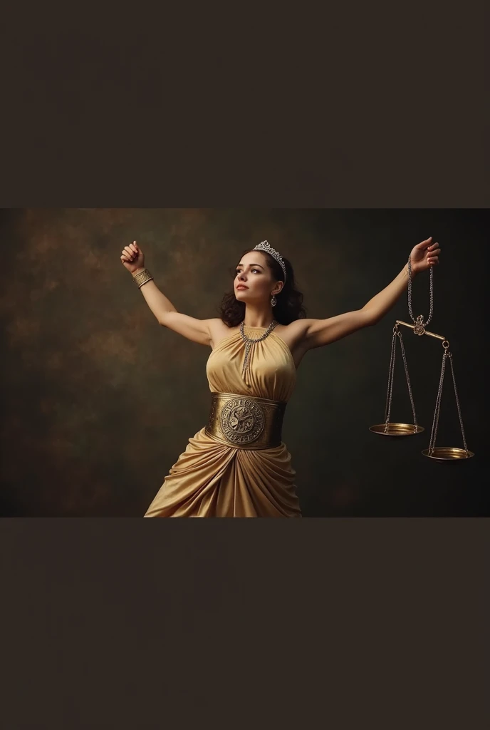 (((ultra realistic))) Photo, masterpiece, top quality, (Pale skin), (Ultra detailed face and eyes.:1.3), A hyperrealistic image of a woman representing the zodiac sign of Libra, Captured in a classic and elegant style. The woman has a strong and balanced posture, similar to a goddess of justice, with arms outstretched holding an antique golden scale, intricately designed, that reflects light gently. His expression is serene and determined, with a touch of authority and grace. His body is slightly tilted to one side, with one leg forward, creating a perfect balance in the composition of the image. He wears a golden robe draped around his body., that falls gently in elegant folds, similar to classical Greek style. The tunic is adorned with embossed details of geometric patterns., emphasizing the symbolism of justice and balance. The fabric shimmers subtly under the lighting, highlighting the rich texture and details of the design. The woman is wearing a golden tiara that fits perfectly over her hair., which is gathered in a low bun with some loose strands, giving it a majestic air. A wide belt with a central medallion, decorated with Libra symbols, girds his waist, adding a touch of power and symbolism to his figure. The gold and bronze tones in her clothing and accessories contrast with the dark, textured background., evoking an ancient and timeless atmosphere. The background of the image is dark, with brown and gold tones that mimic an aged canvas texture, creating a classic and solemn atmosphere. The lighting is warm and directed, highlighting the muscular lines of his arms and the contour of his face, while maintaining a soft shadow that adds depth to the scene. The scales he holds in his hands are detailed and ornate., symbolizing balance and justice, central elements of the Libra sign.
