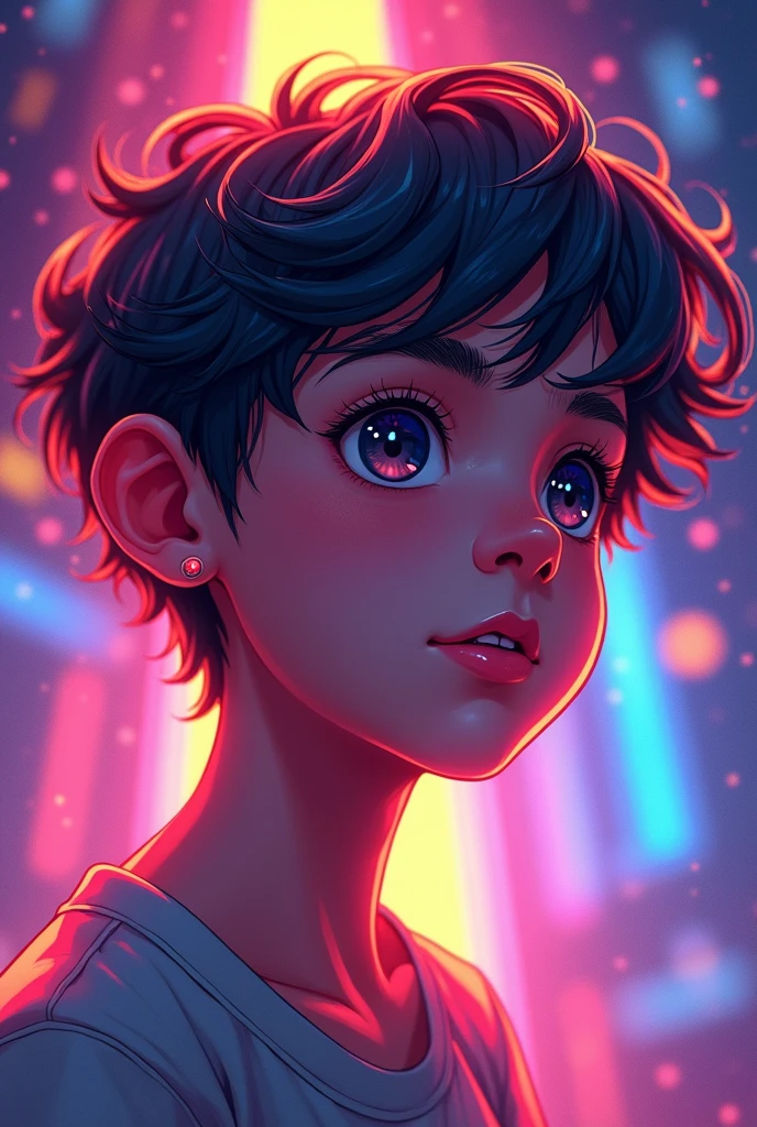 Fluorescent Color, 1 boy, Look to the side, Pretty Face, beautiful eyes, (Shoulder: 1.2), Upper Body, Shiny hair, Glowing skin, Dynamic Angle, (((Main Part))), (((Better quality))), ((Ultra Detailed)), (illustration), (Detail Light), ((Extremely exquisite and beautiful)), dramatic_shadow, Rays_track, reflection, Ultra-high resolution
