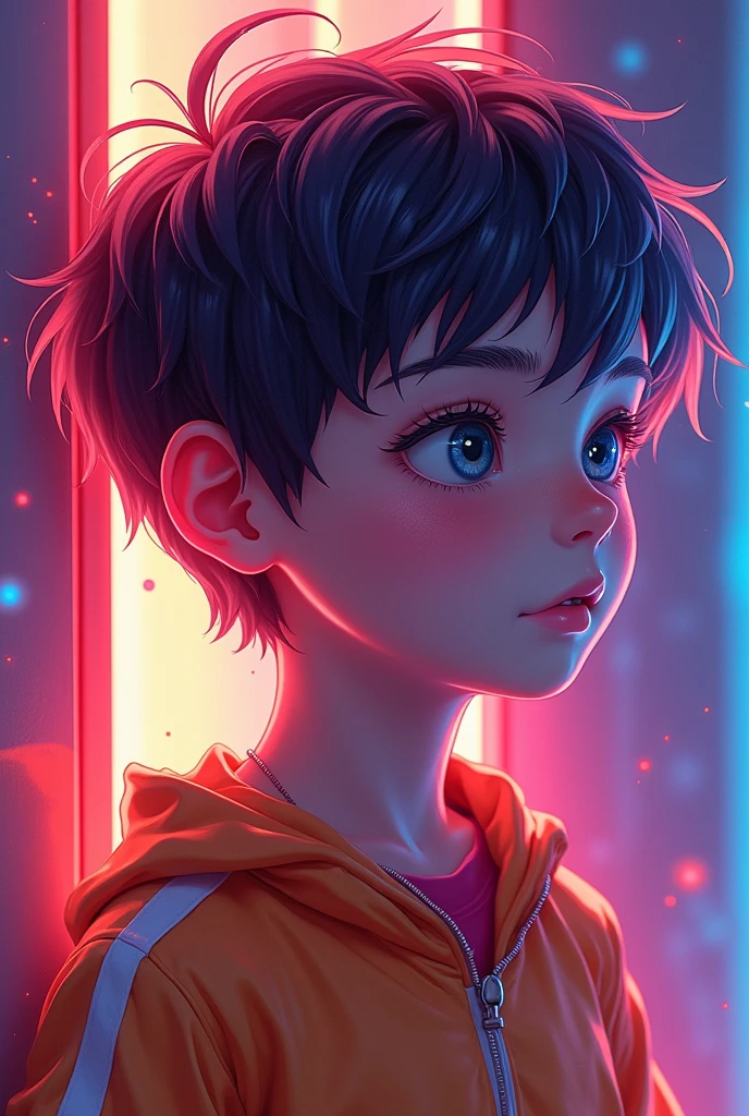 Fluorescent Color, 1 boy, Look to the side, Pretty Face, beautiful eyes, (Shoulder: 1.2), Upper Body, Shiny hair, Glowing skin, Dynamic Angle, (((Main Part))), (((Better quality))), ((Ultra Detailed)), (illustration), (Detail Light), ((Extremely exquisite and beautiful)), dramatic_shadow, Rays_track, reflection, Ultra-high resolution