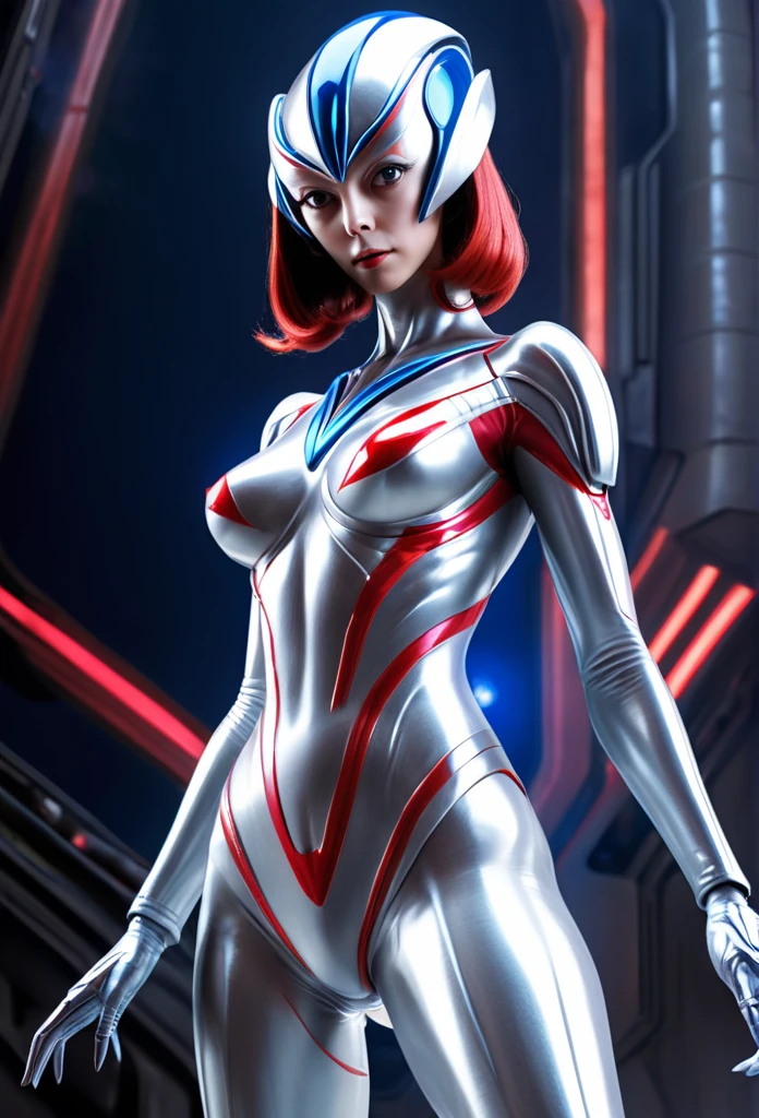 A female alien with a shiny silver body and red and blue lines.、Giant、Ultraman Lady、Get caught by an enemy alien in a seductive pose