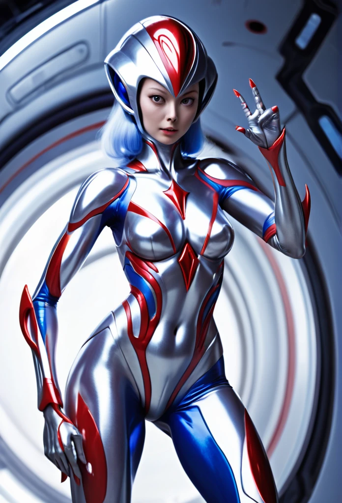A female alien with a shiny silver body and red and blue lines.、Giant、Ultraman Lady、Get caught by an enemy alien in a seductive pose
