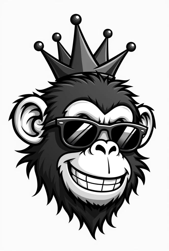 Affenkopf im comic style, ray ben sunglasses, crown, cheeky and light grin, black-and-white, leicht schräge grosse flache crown, cool
