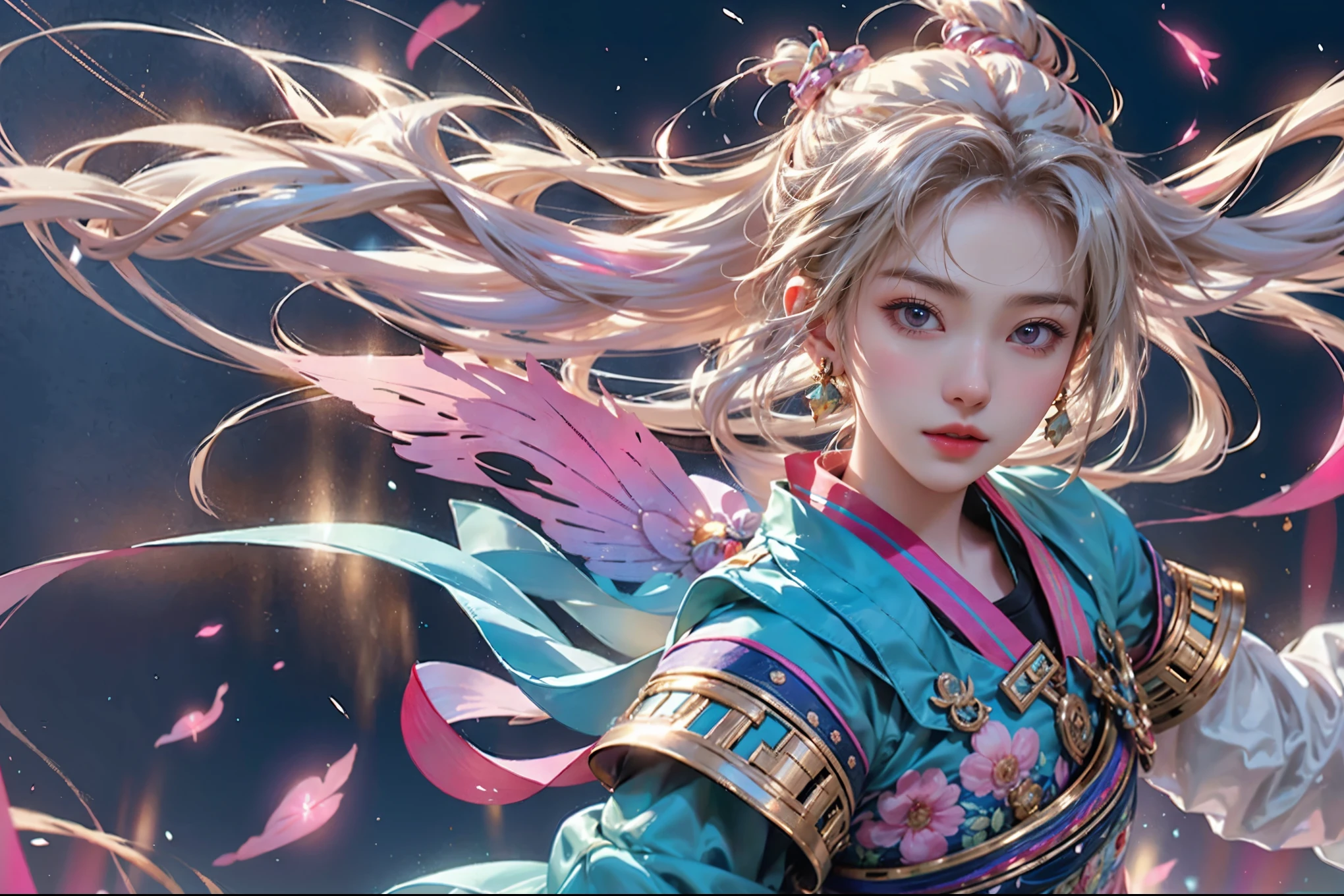 20 year old young Japanese woman, music, musical notes flying in the air, active, fantasy elements, gorgeous, vivid, colorful, gracious, attractive, best quality, high resolution, innovative, realistic.