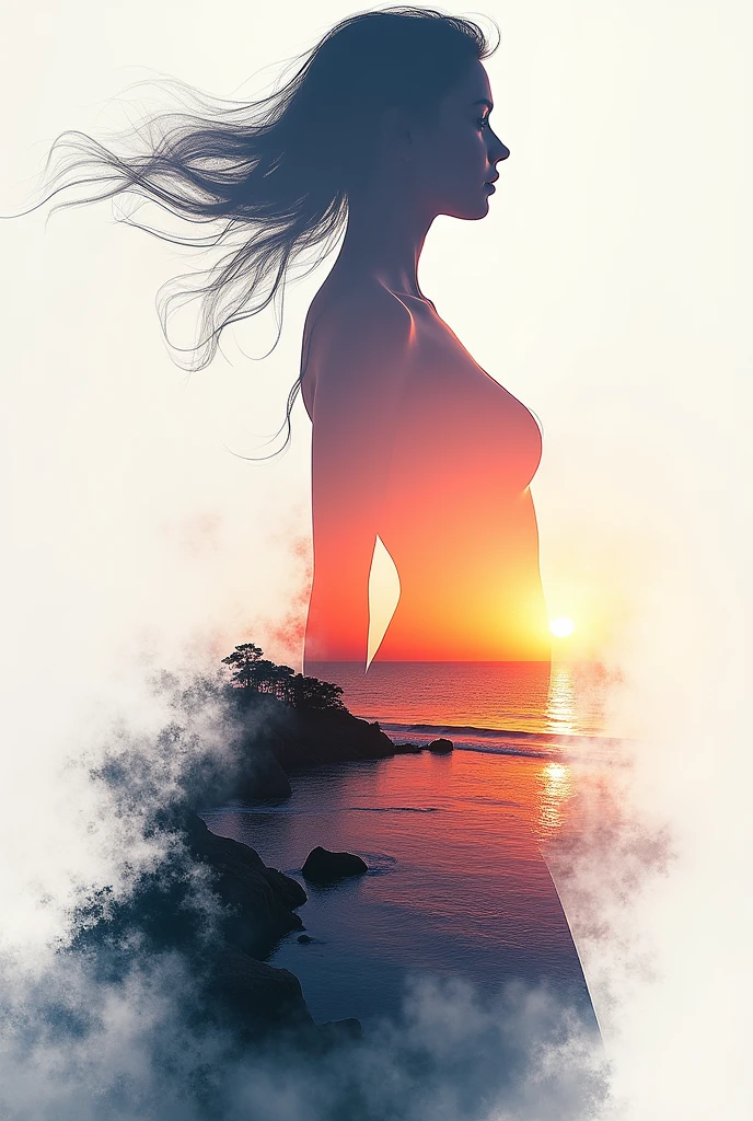 high quality, 8K Ultra HD, A beautiful double exposure that combines an goddess silhouette with sunset coast, sunset coast should serve as the underlying backdrop, with its details incorporated into the goddess , crisp lines, The background is monochrome, sharp focus, double exposure, by yukisakura, awesome full color,