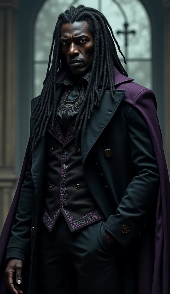 A gothic black man, , , with a dread hair, , , villain, , , black clothes with purple detail, , , the clothes follow a Victorian style.