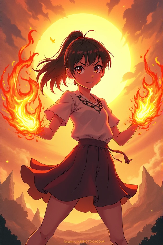 A girl with fire power anime and sun burn behind fantasy