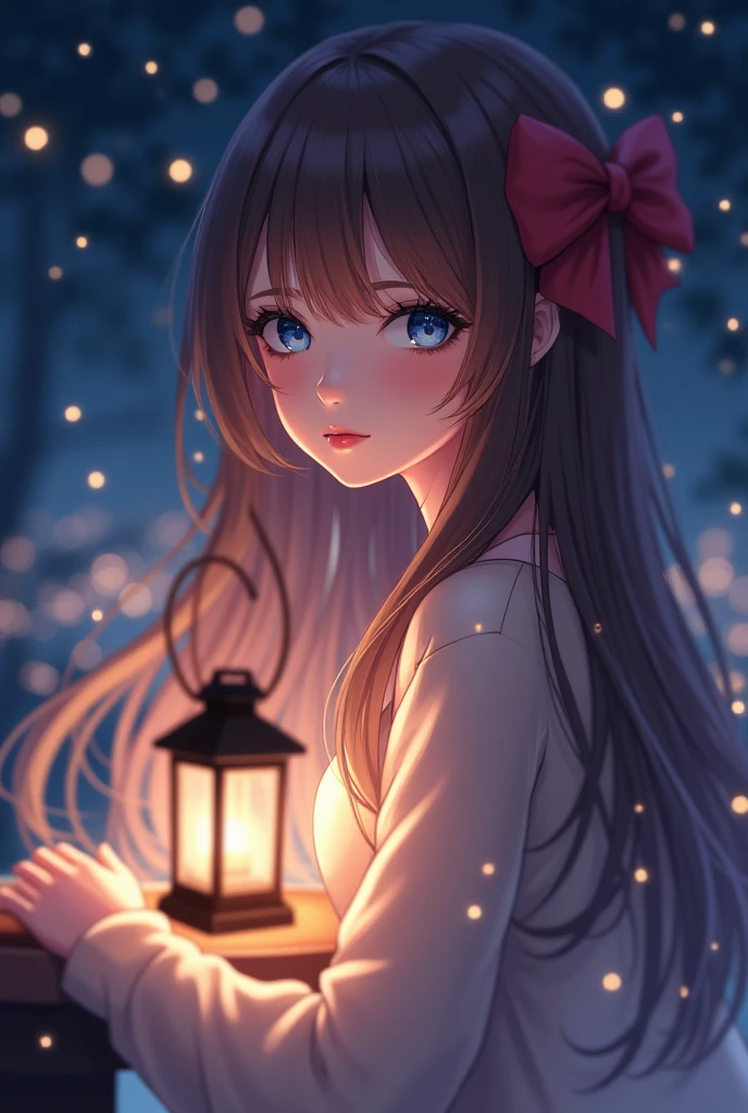 (extremely delicate and beautiful: 1.2), 1girl, bangs, blue eyes, blur, blur background, bow, brown hair, shut up, side view, hair between eyes, hair bow, lantern, light particles, long sleeves, look looking at audience, medium hair, night, red bow, solo, stars(symbol), upper body, smile, red lips