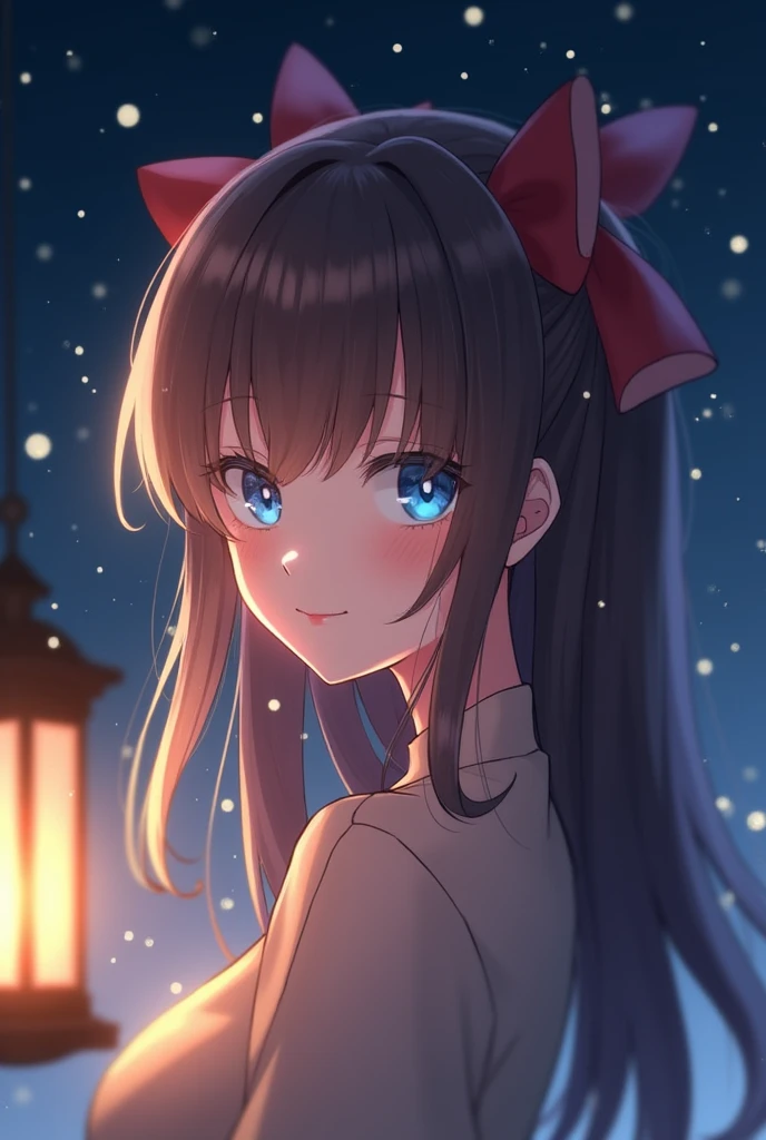 (extremely delicate and beautiful: 1.2), 1girl, bangs, blue eyes, blur, blur background, bow, brown hair, shut up, side view, hair between eyes, hair bow, lantern, light particles, long sleeves, look looking at audience, medium hair, night, red bow, solo, stars(symbol), upper body, smile, red lips