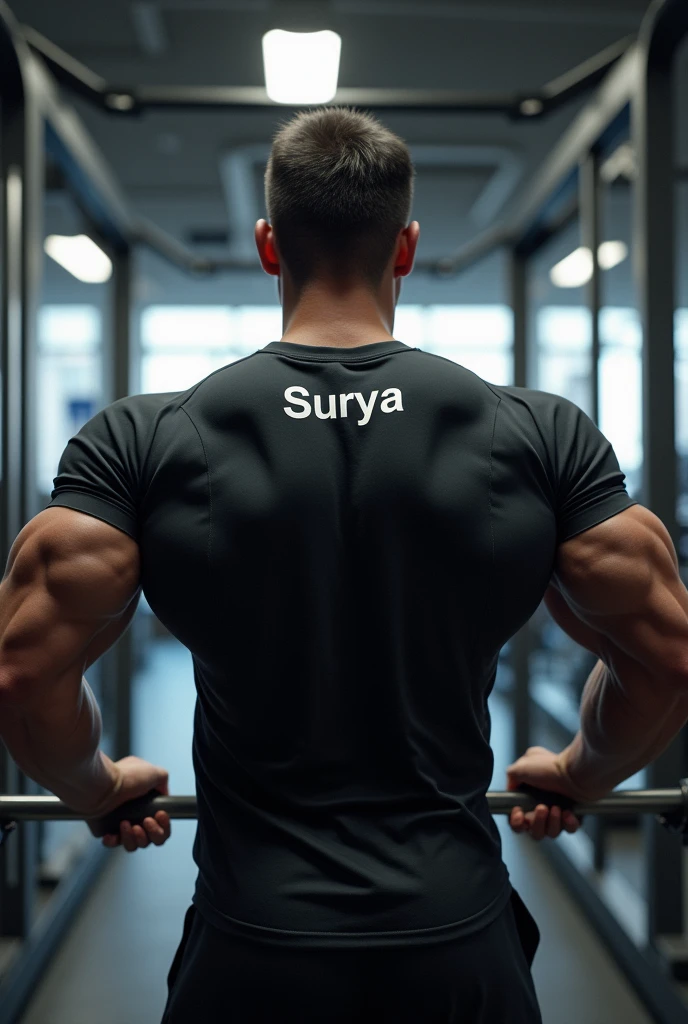 A man in a gym
He do a exercise 
Make a beauty full boy 
Her body is so cool 
The man is very stronger
The t-shirt print her name is surya
The man face back side 