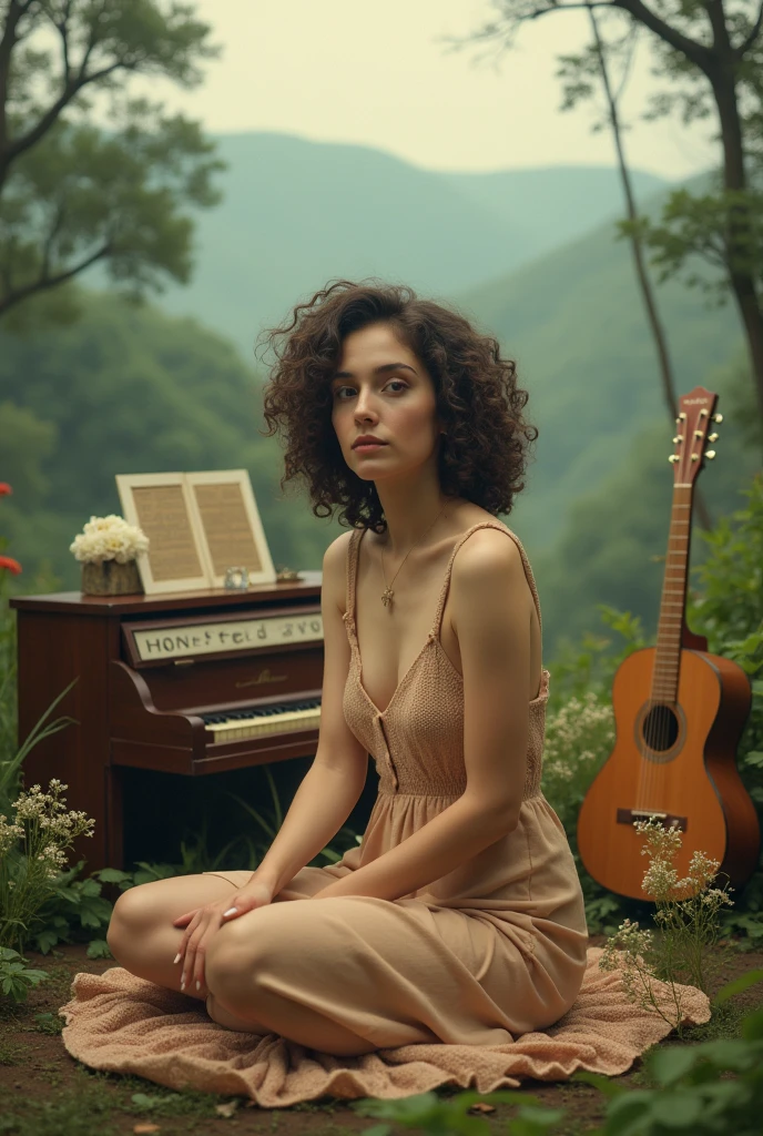 Profile picture for instagram about music piano guitar microphone vintage nature curly woman 
