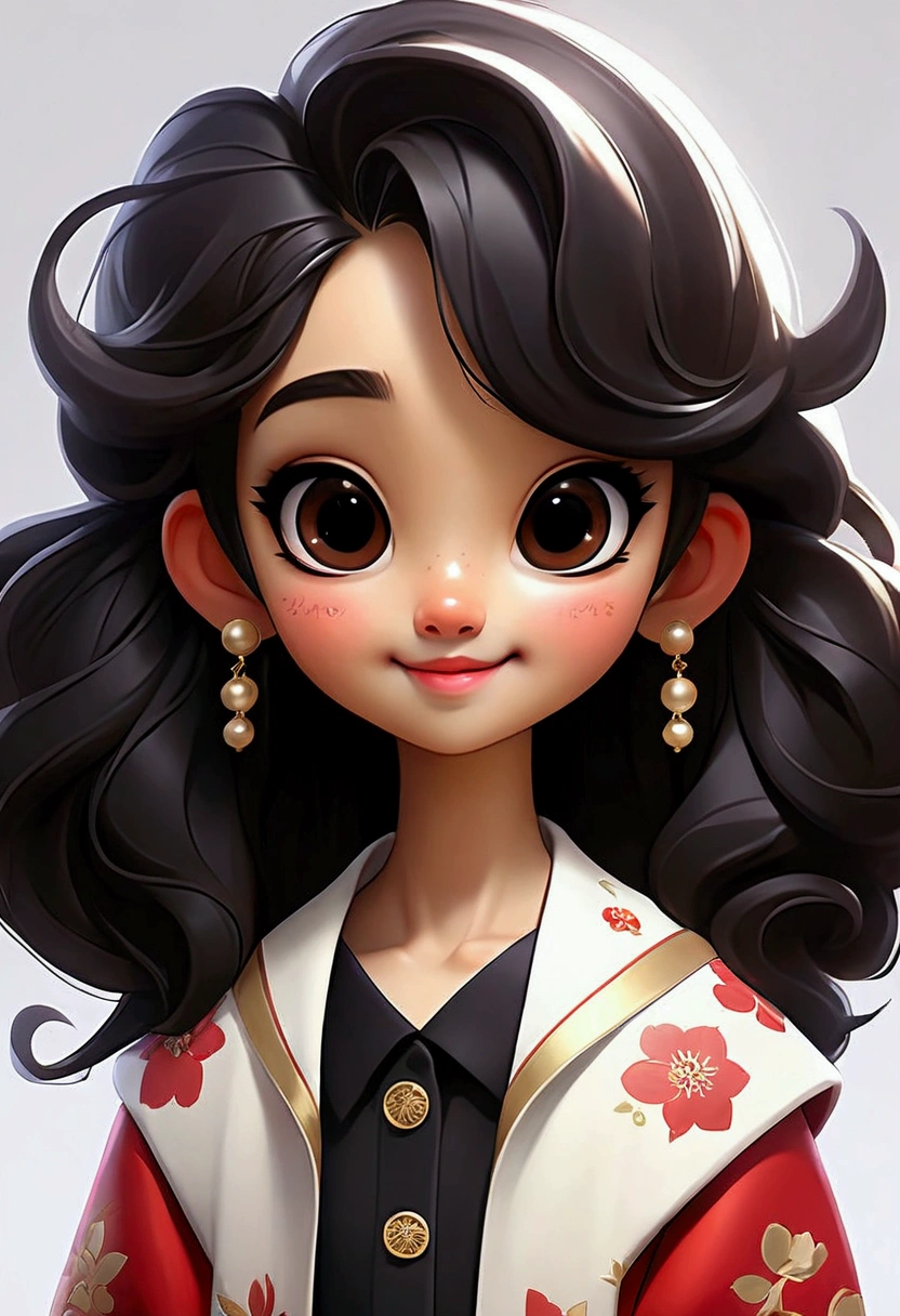 Cartoon full body、Background is white、Pop Surrealism、Realistic painting、Detailed anime soft face、cute漫画のキャラクター、cute漫画スタイル、cute漫画、cute!length、Straight long black hair、Asian、What a beautiful smile!、Age is 、Sunglasses on head、Wearing flashy makeup