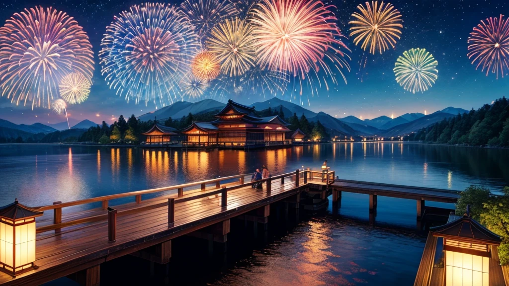 night view, by the lake, from the wooden bridge, you can see the Japanese summer festival from afar, there are fireworks in the sky, the sky is full of beautiful fireworks