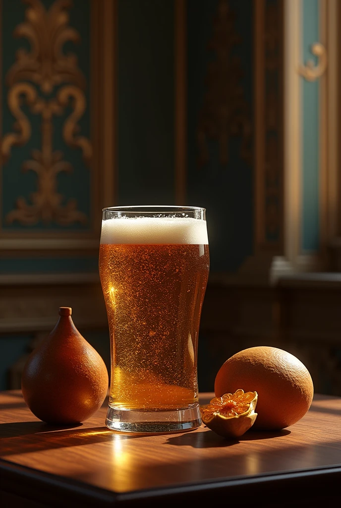 create a pic in a stil of stillife and baroque with 3 esay objects one of them beer on a table