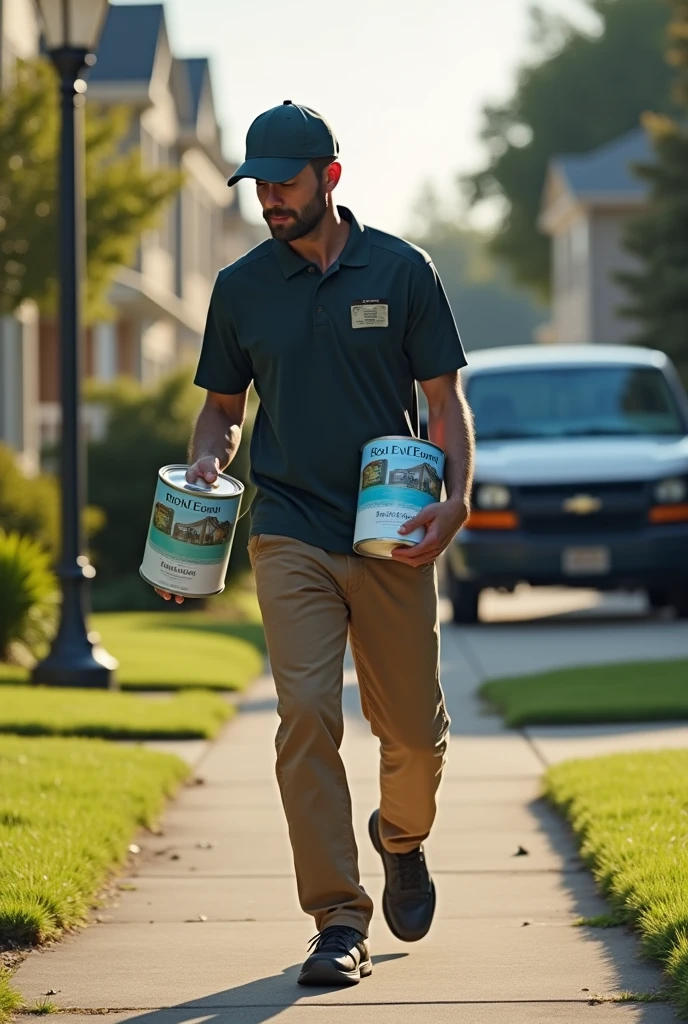 Delivery person carrying a gallon of house paint 


