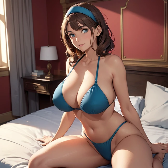 (Masterpiece, best high quality image, carefully detailed details and textures, alone character, full body view)
{{(1character: 50 years old brown haired human woman noble:(fair skin, short straight brown hair, beautiful blue eyes, beautiful face, sharp eyebrows, voluptuous figure, big breasts, beautiful legs, gentle smile, modeling sexy pose),(green headband, blue bikini),(double bedroom, double red bed, grey walls))}}