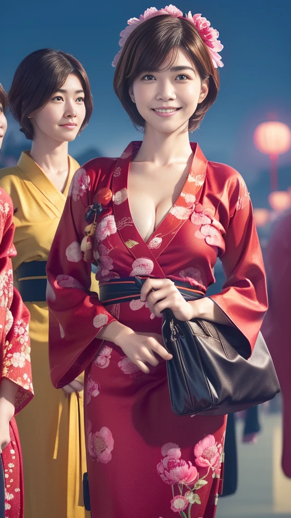 (8k,Ultra-high resolution,Highest quality,masterpiece,Realistic,Ultra-high resolution,High-quality RAW color photos,Professional photos,Realistic,Realistic),Natural skin texture,Fine skin,Hyperrealism,Intricate details,Adult women,Eye highlights,Glossy Lips,(Cute smile,Blonde short hair,Blonde Hair),((gigantic breast,Big Breasts)),(((Peony pattern red yukata,geta))),(((Night Sky,Summer festival,firework,crowd)))Warm lighting