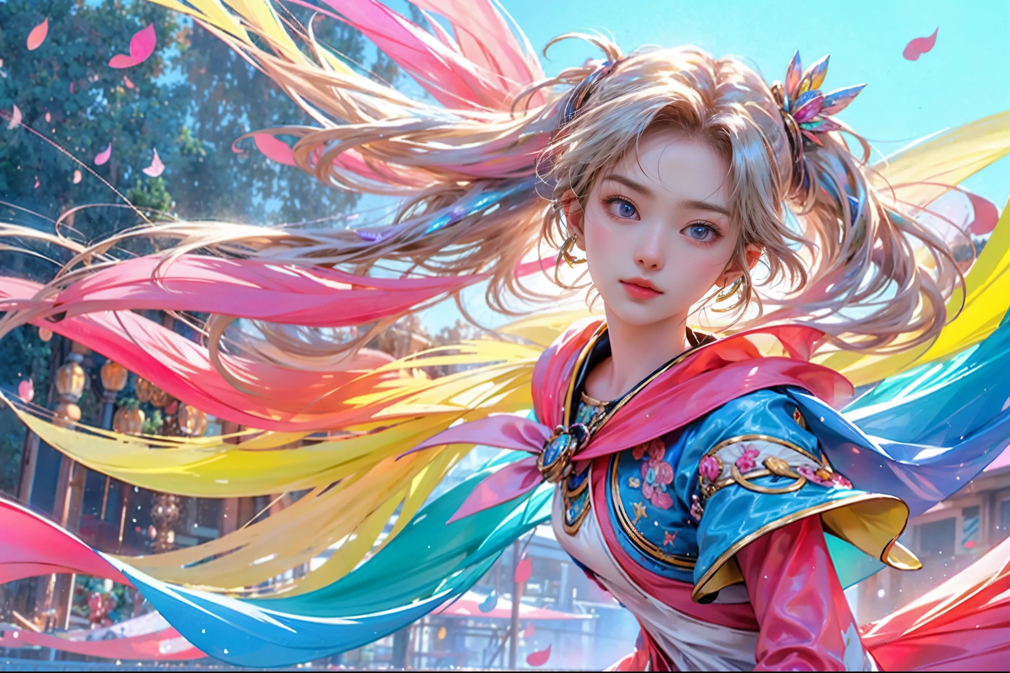 20 year old young Japanese woman, music, musical notes flying in the air, active, fantasy elements, gorgeous, vivid, colorful, gracious, attractive, best quality, high resolution, innovative, realistic.