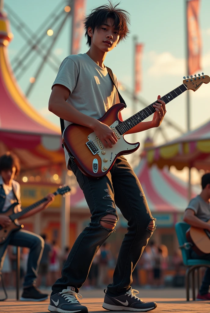 Photorealistic, 8k full body portrait, good looking, Handsome young asian ager 18 years old, singing and also playing electric guitar with his band on the stage. The background at daylight of carnaval playground Manhattan, New York, he is wearing T-shirt, ripped black jeans pants and nike running shoes, black messy hair, full body sight, attractive appearance, Facial details
