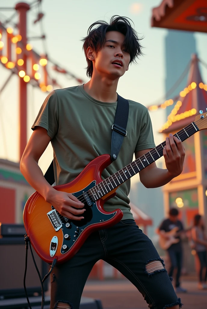 Photorealistic, 8k full body portrait, good looking, Handsome young asian teenager 18 years old, singing and also playing electric guitar with his band on the stage. The background at daylight of carnaval playground Manhattan, New York, he is wearing T-shirt, ripped black jeans pants and nike running shoes, black messy hair, full body sight, attractive appearance, Facial details