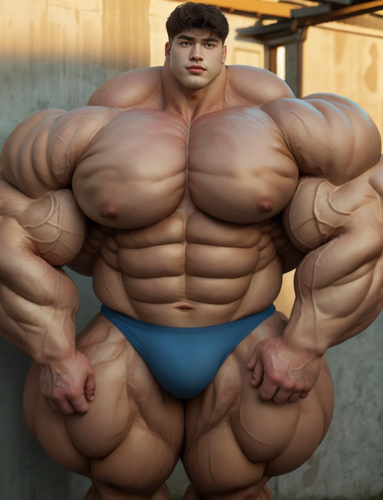 1boy, giant, asian, solo, giant bodybuilder, golden hour, strong body, bulk, large size, standing and leaning on any wall, outdoor, nude, blue triangular underwear with enormous bulge, extraordinary big, brutalmass, giant muscular body, bulk, buff, massive body, large meaty body size, extremely wide body, tallest body