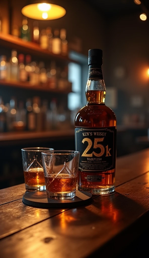 A dimly lit bar scene: a worn wooden counter stretches across the room, polished to a warm sheen by countless conversations and clinking glasses. The open bottle of American whiskey sits proudly on a coaster, its black label bearing the bold text "25K", Two glasses, chilled with ice, flank the bottle, awaiting their turn to hold a golden pour. The air is thick with the promise of good times and late nights.at the top of the picture is 3D golden text that says " Cheers mates Thank you!"