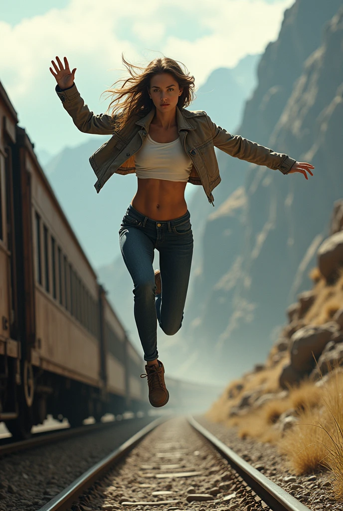 Generates a woman jumping off a train, but the train is behind him, not next to