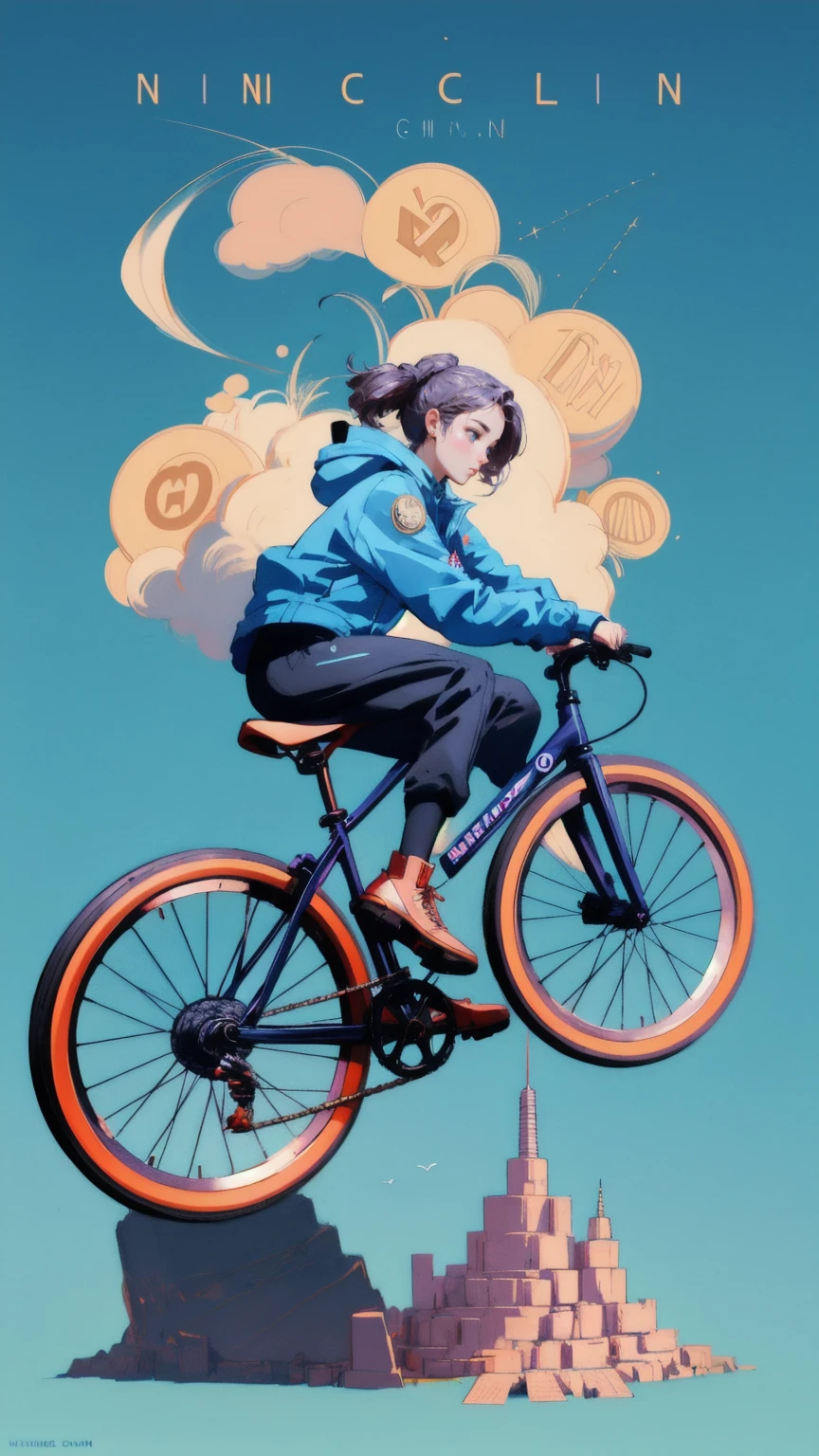 there is acute girl riding a unicycle on a bike with a coin on it, concept art by Mike Winkelmann, pixiv contest winner, neoism, coin, no medals, rob mcnaughton, fan art, mooniq priem, finnstark, no gold, jen bartel, winning artwork, coin with the letter n, cover shot blue background