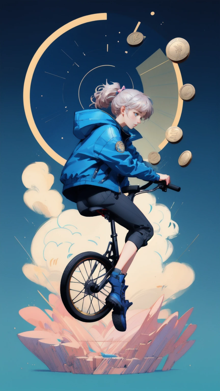 there is acute girl  riding a unicycle on a bike with a coin on it, concept art by Mike Winkelmann, pixiv contest winner, neoism, coin, no medals, rob mcnaughton, fan art, mooniq priem, finnstark, no gold, jen bartel, winning artwork, coin with the letter n, cover shot blue background
