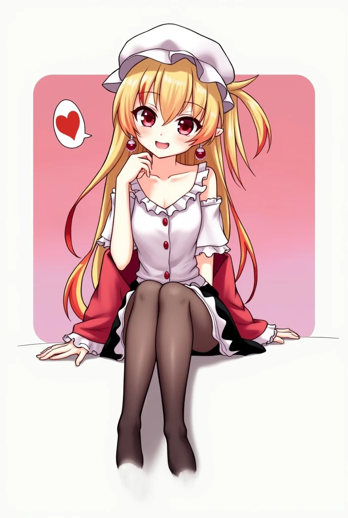 best quality, masterpiece, high resolution, alone, {flandre_scarlet_touhou:1.15}, long blonde hair with red streaks at the tips, big red eyes, small elf ear and a ruby ​​colored earring in her left ear, bangs with a red lock in the middle, sunglasses on her head, one side up, flirtatious smile, blush, smile, white headdress, a light white short-sleeved blouse with a low neckline on the upper body, hair between her eyes, a red coat overlaid between her wrists, underneath a very sexy black skirt, thick thighs, pronounced hips, the girl is slim, blushing cheeks, long straight hair, white skinned girl, 1 girl, looking at the viewer smiling flirtatiously, sexy black skirt, light blouse, short sleeves, simple background, the girl is sitting crossing her left leg flirtatiously, she has slightly transparent black nylon stockings that reach her knee, white background, white shirt, ruffles, long hair, low neckline T-shirt, girl with super tiny tits, a speech bubble with a red heart. the girl has no hat.