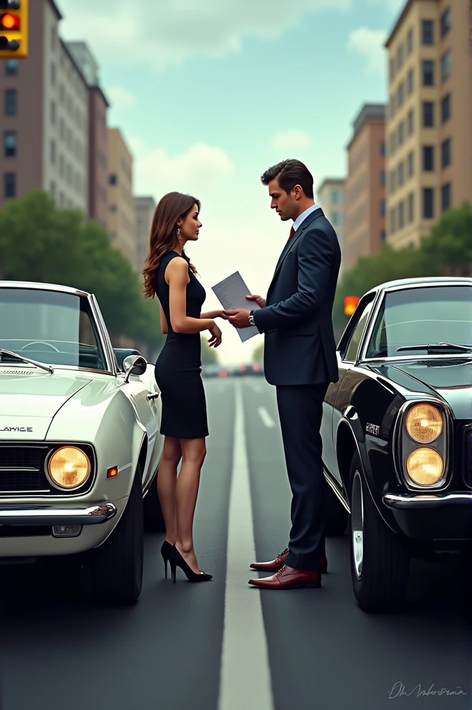 A black car next to a white car stopped at the traffic light. The white car has a woman handing a paper to the man in the black car