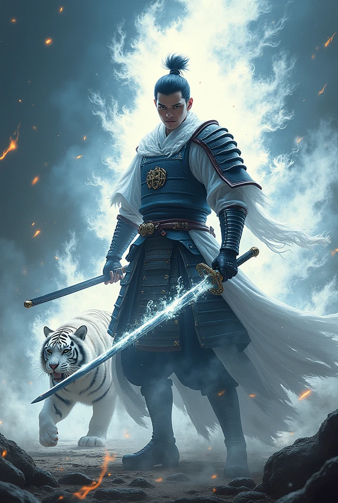 masterpiece、high resolution、high resolution、Detailed Description、beautiful、art、One Samurai、Samurai surrounded by White flames、Beautiful armor、Wearing a White aura、Samurai brandishing a sword、Sharp-eyed Samurai、A glare at me、The sword is engulfed in White flames、battlefield、White Tiger、seven mansions (Chinese constellations) of the western heavens on background、A tense scene、Ink Painting、Movie poster motif、Inspired by The Last Samurai、4K Graphics、