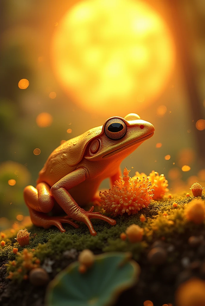 Golden frog eating the fungus Batrachochytrium dendrobatidis, with a sun above in the background