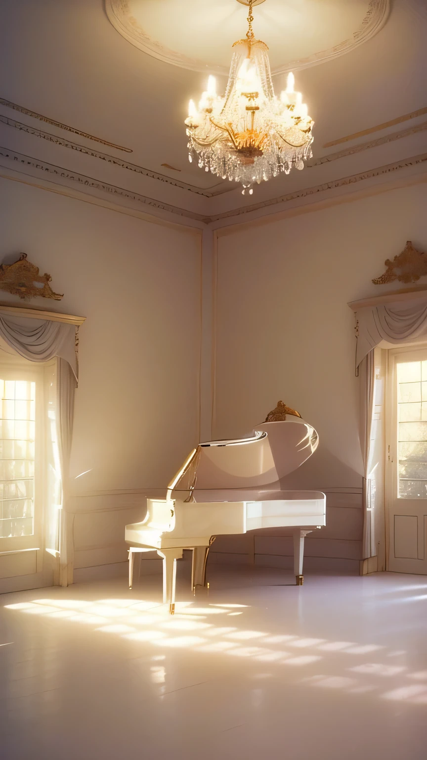 a white dreamy house, music room, retro, foggy, soft focus, year of 1995, cool lighting, muted pastel colors, glowing atmosphere, dramatic, cinematic composition, dream-like quality, ethereal, romantic, soft focus photography, golden hour, windy, marble, golden and mirrors, hazy, thick fogs